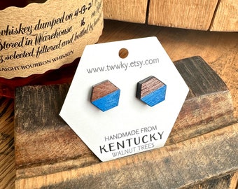 Hexagon Stud Earrings. Hand painted blue stud earrings. Hexagon earrings made from Kentucky Walnut Wood. Gifts for her.