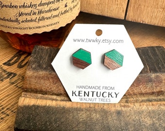 Hexagon Stud Earrings. Hand painted green stud earrings. Hexagon earrings made from Kentucky Walnut Wood. Gifts for her.