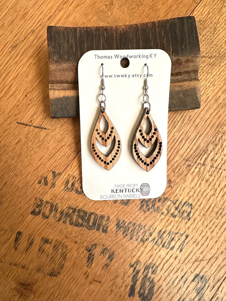 Wood Bourbon Barrel Drop Earrings made from reclaimed Kentucky Bourbon Barrels. Gifts for her. Bourbon Trail gifts. image 8