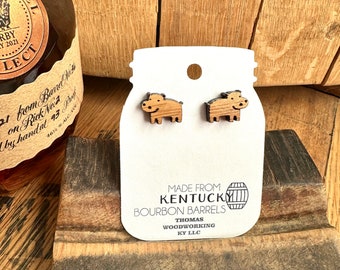 Wood Hippo Earrings made from reclaimed Kentucky Bourbon Barrels. Hippo Stud Earrings. Fiona the Hippo Gifts. Mothers Day gifts.