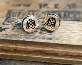 Jockey Silk Derby Bourbon Barrel Cuff Links made from reclaimed Kentucky Bourbon Barrels.