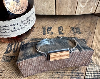 Bourbon Barrel Bracelet. Lobster claw rectangle bracelet with a reclaimed Kentucky Bourbon Barrel insert. Gifts for her.