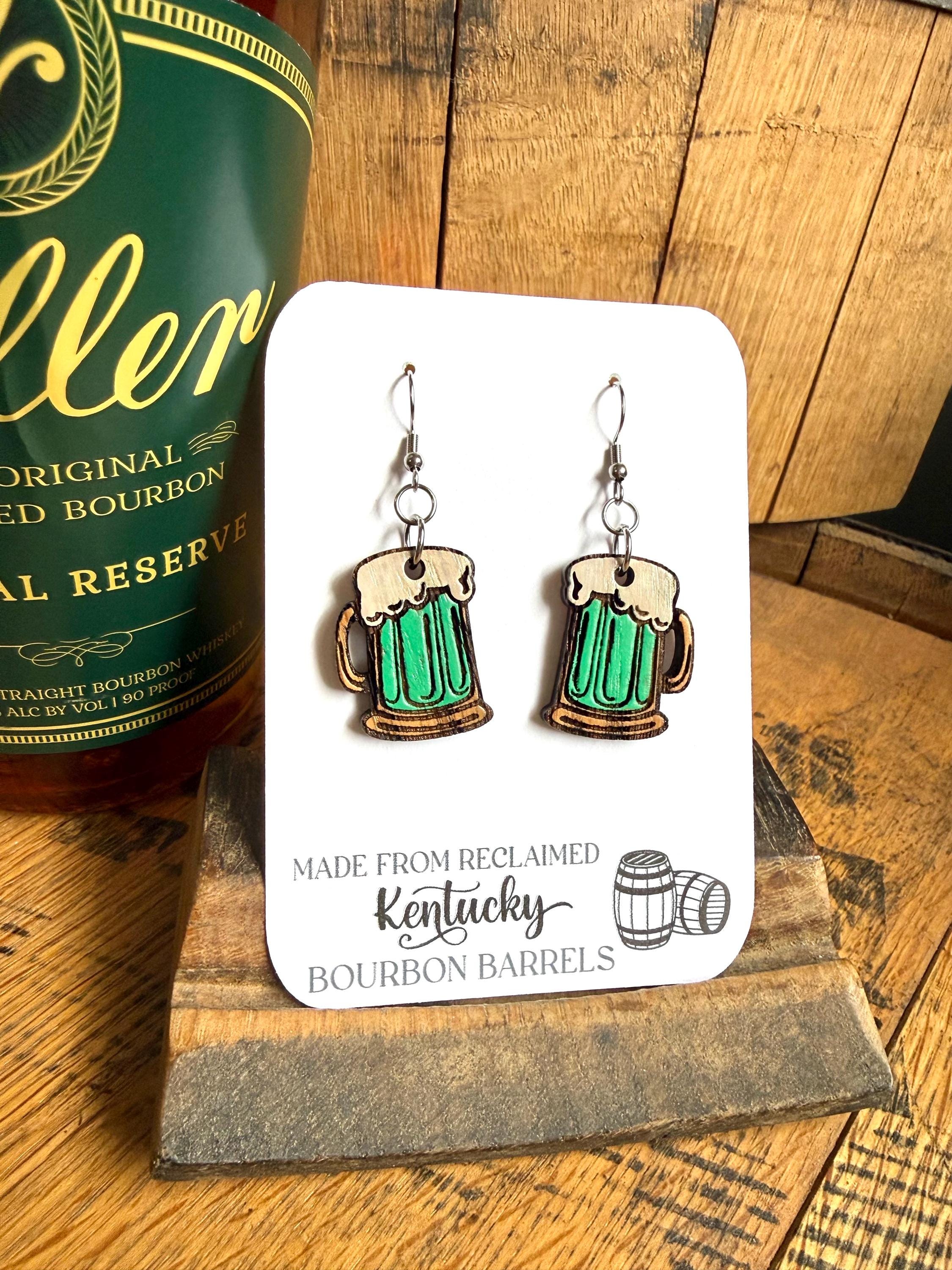 St. Patrick's Day Green Beer Stein Irish Earrings: Reclaimed Bourbon Barrel Wood Dangle Earrings