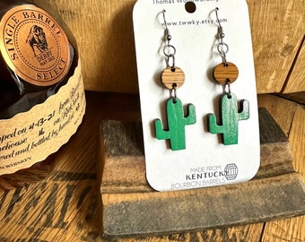 Cactus Dangle Earrings. Made from Kentucky Bourbon Barrels. Hand Painted Cactus Earrings. Summer Jewelry. Vacation jewelry. Gifts for her.