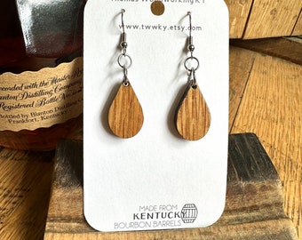 Wood Kentucky Rain Drop Bourbon Barrel Earrings. Made from reclaimed Kentucky Bourbon Barrels. Gifts for her.