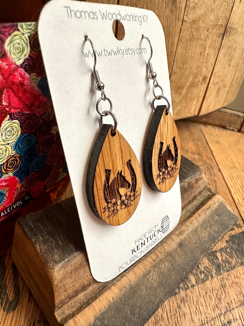 Run for the Roses Kentucky Derby Dangle Earrings Made from Reclaimed Kentucky Bourbon Barrels. Gifts for her. image 2