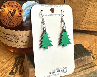 Christmas Tree Hand Painted Bourbon Barrel Earrings- Wood Christmas Earrings- Lightweight Christmas Earrings.