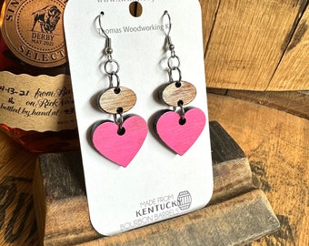 Valentine Heart Kentucky Bourbon Dangle Earrings made from reclaimed Kentucky Bourbon Barrels. Gifts for her. Hand painted earrings.