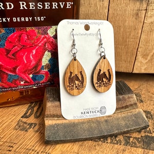 Run for the Roses Kentucky Derby Dangle Earrings Made from Reclaimed Kentucky Bourbon Barrels. Gifts for her. image 1