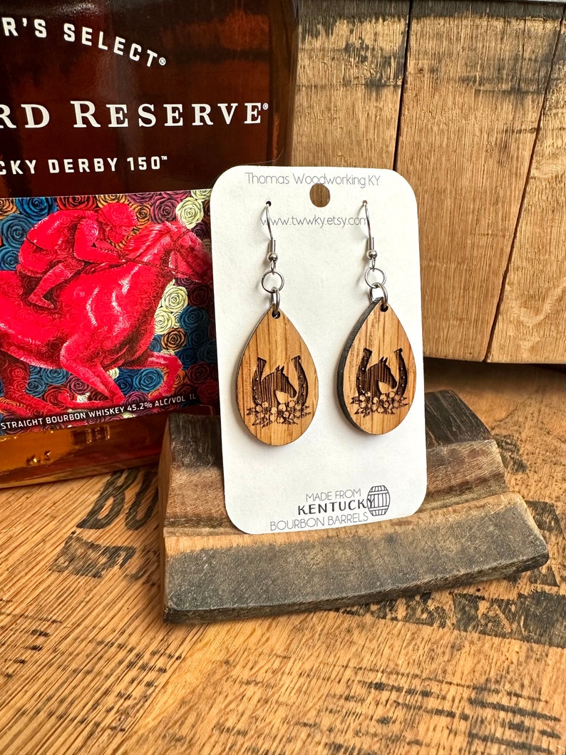 Run for the Roses Kentucky Derby Dangle Earrings Made from Reclaimed Kentucky Bourbon Barrels. Gifts for her. image 1