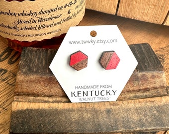 Hexagon Stud Earrings. Hand painted red stud earrings. Hexagon earrings made from Kentucky Walnut Wood.