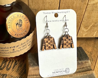 Kentucky Derby Jockey Silk Earrings made from Reclaimed Kentucky Bourbon Barrels. Kentucky Derby fashion. Kentucky Derby gifts.