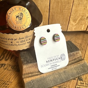 Hand-Painted Easter Egg Stud Earrings: Reclaimed Bourbon Barrel Wood