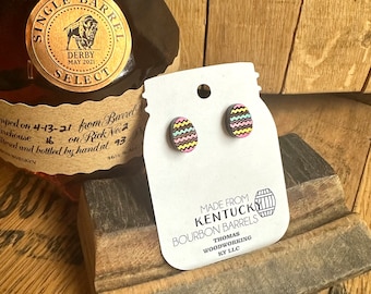 Easter Egg Bourbon Barrel Wood Stud Earrings- Made from Reclaimed Kentucky Bourbon Barrels. Hand painted Easter jewelry. Gifts for her.