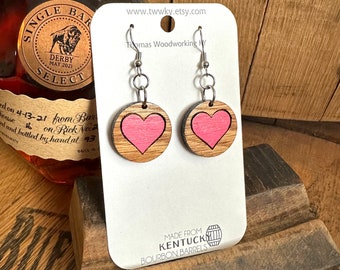 Valentine Heart Kentucky Bourbon Dangle Earrings made from reclaimed Kentucky Bourbon Barrels. Gifts for her. Hand painted earrings.