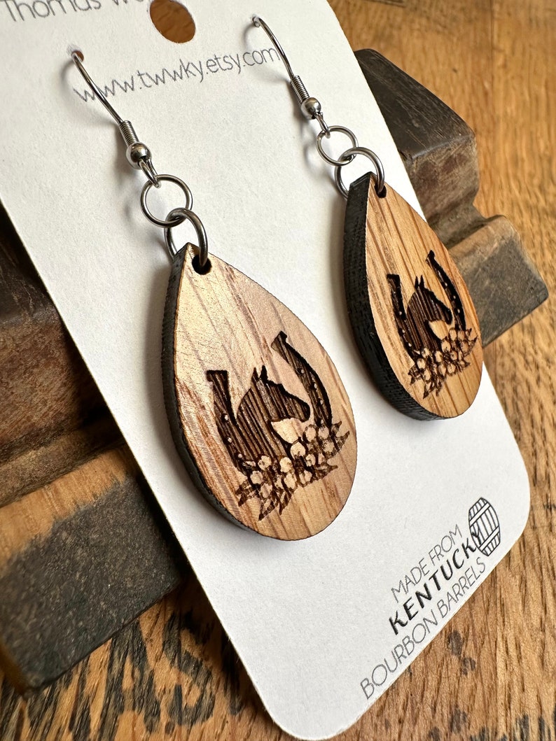 Run for the Roses Kentucky Derby Dangle Earrings Made from Reclaimed Kentucky Bourbon Barrels. Gifts for her. image 8