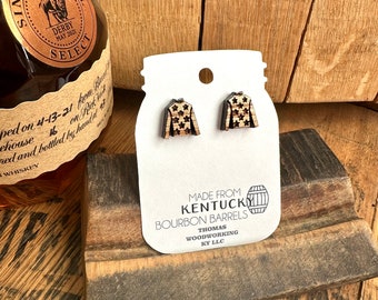 Kentucky Derby Jockey Silk Stud Earrings made from Reclaimed Kentucky Bourbon Barrels. Kentucky Derby fashion. Kentucky Derby gifts.