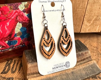 Wood Bourbon Barrel Dangle Mint Julep Earrings. Made from reclaimed Kentucky Bourbon Barrels. Gifts for her.