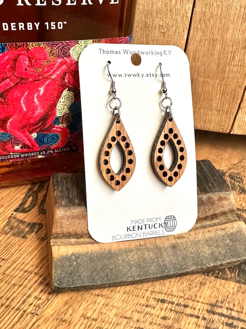 Wood Bourbon Barrel Drop Earrings made from reclaimed Kentucky Bourbon Barrels. Gifts for her. Bourbon Trail gifts. Derby Dangles