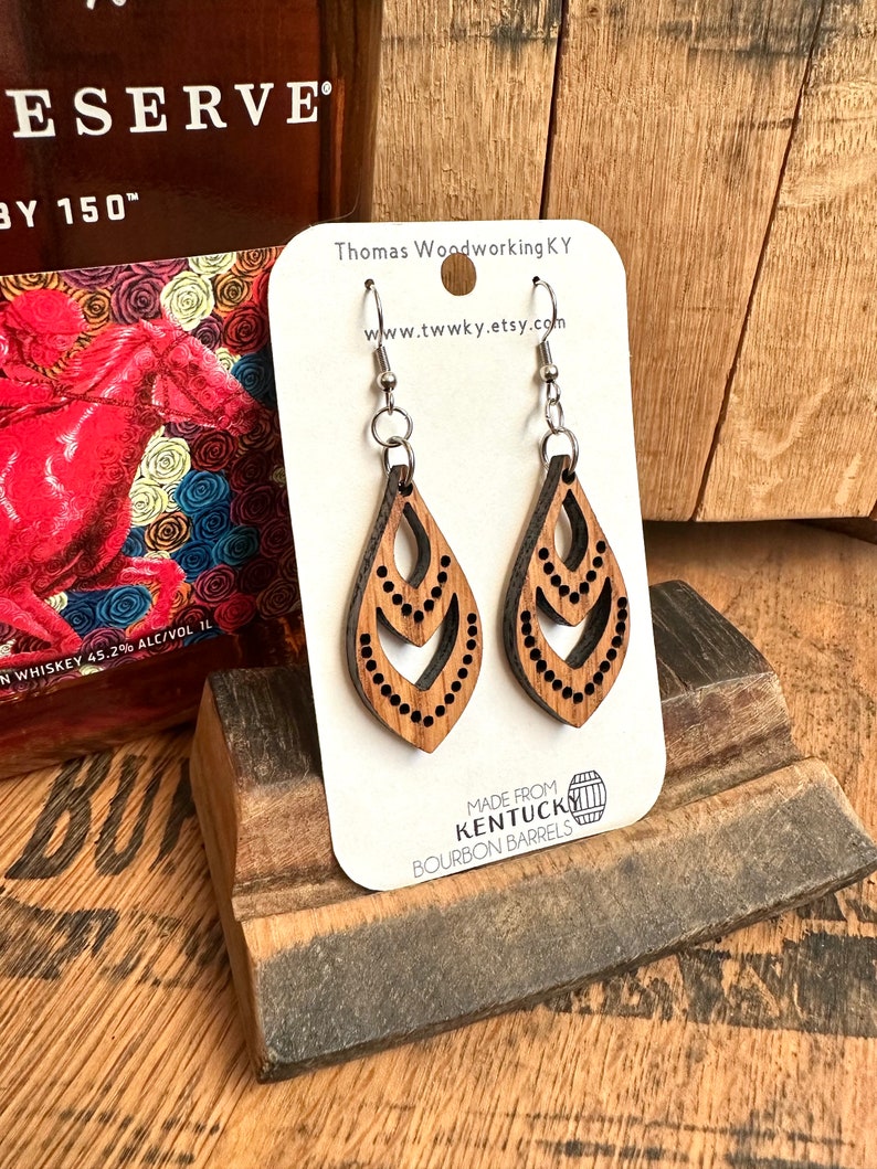 Wood Bourbon Barrel Drop Earrings made from reclaimed Kentucky Bourbon Barrels. Gifts for her. Bourbon Trail gifts. Mint Julep Drops