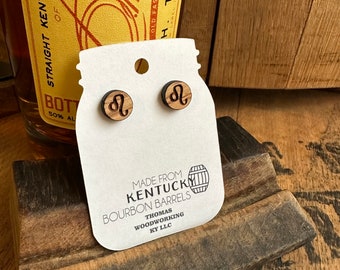 Leo Zodiac Bourbon Barrel Stud Earrings. Leo Zodiac Sign Earrings made from reclaimed Kentucky Bourbon Barrels.