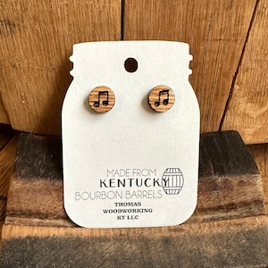 Wood Music Note Earrings: Reclaimed Bourbon Barrel, Music Lover Gift