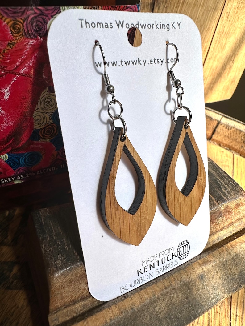 Wood Bourbon Barrel Drop Earrings made from reclaimed Kentucky Bourbon Barrels. Gifts for her. Bourbon Trail gifts. Hot Brown Hoops