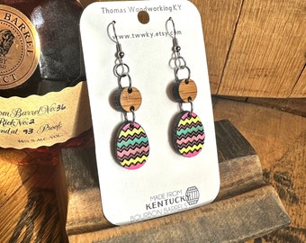 Easter Egg Dangle Earrings. Made from Kentucky Bourbon Barrels. Hand Painted Easter Earrings. Easter Jewelry. Gifts for her.