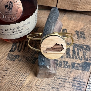 Kentucky State Cuff Bourbon Barrel Bracelet. Made from reclaimed Kentucky Bourbon Barrels. Gold Cuff Bracelet.