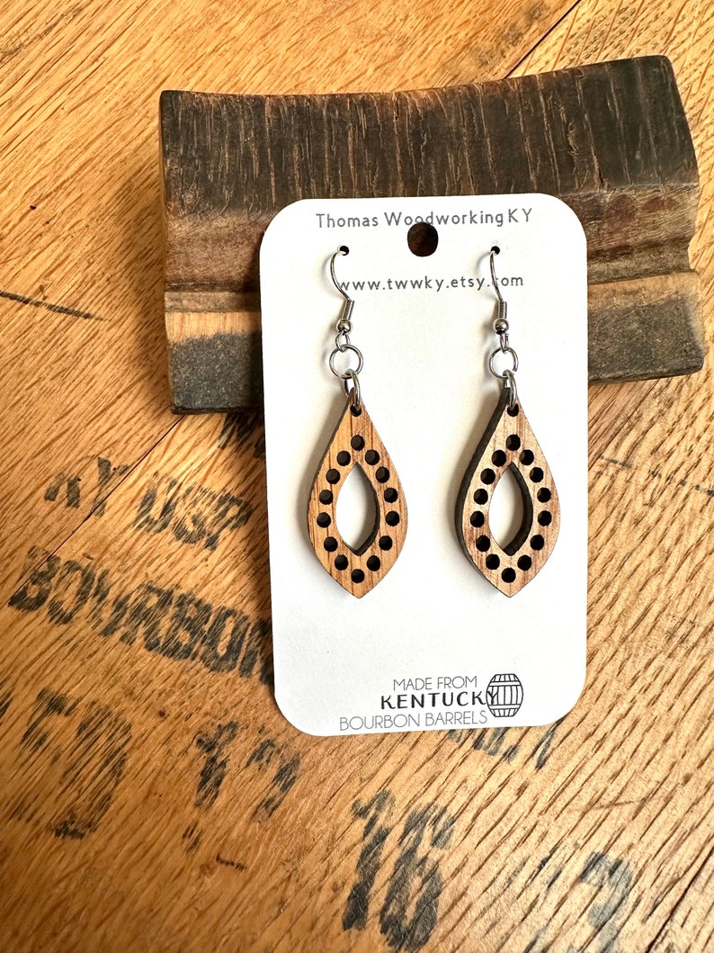 Wood Bourbon Barrel Drop Earrings made from reclaimed Kentucky Bourbon Barrels. Gifts for her. Bourbon Trail gifts. image 9