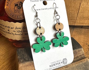 Gettin’ Lucky in Kentucky Shamrock Dangle Earrings. Made from Kentucky Bourbon Barrels. St. Patrick’s Day Earrings. Gifts for her.