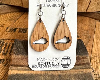 Wood Kentucky State Earrings: Reclaimed Bourbon Barrel Dangle