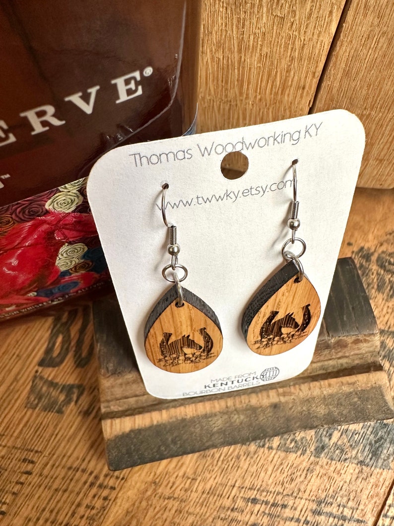 Run for the Roses Kentucky Derby Dangle Earrings Made from Reclaimed Kentucky Bourbon Barrels. Gifts for her. image 4