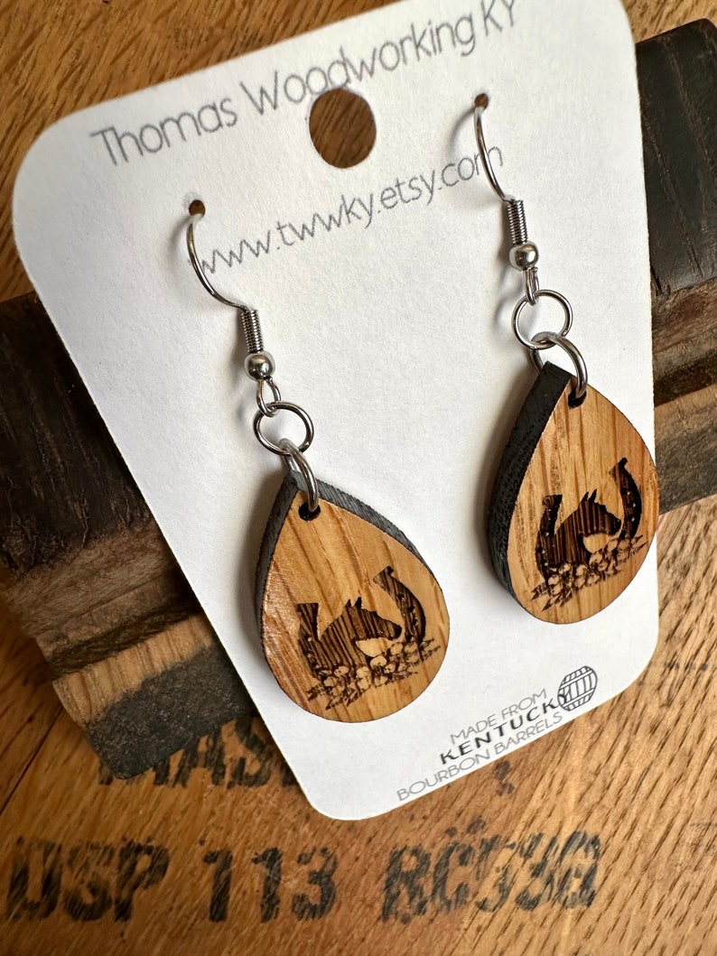 Run for the Roses Kentucky Derby Dangle Earrings Made from Reclaimed Kentucky Bourbon Barrels. Gifts for her. image 10