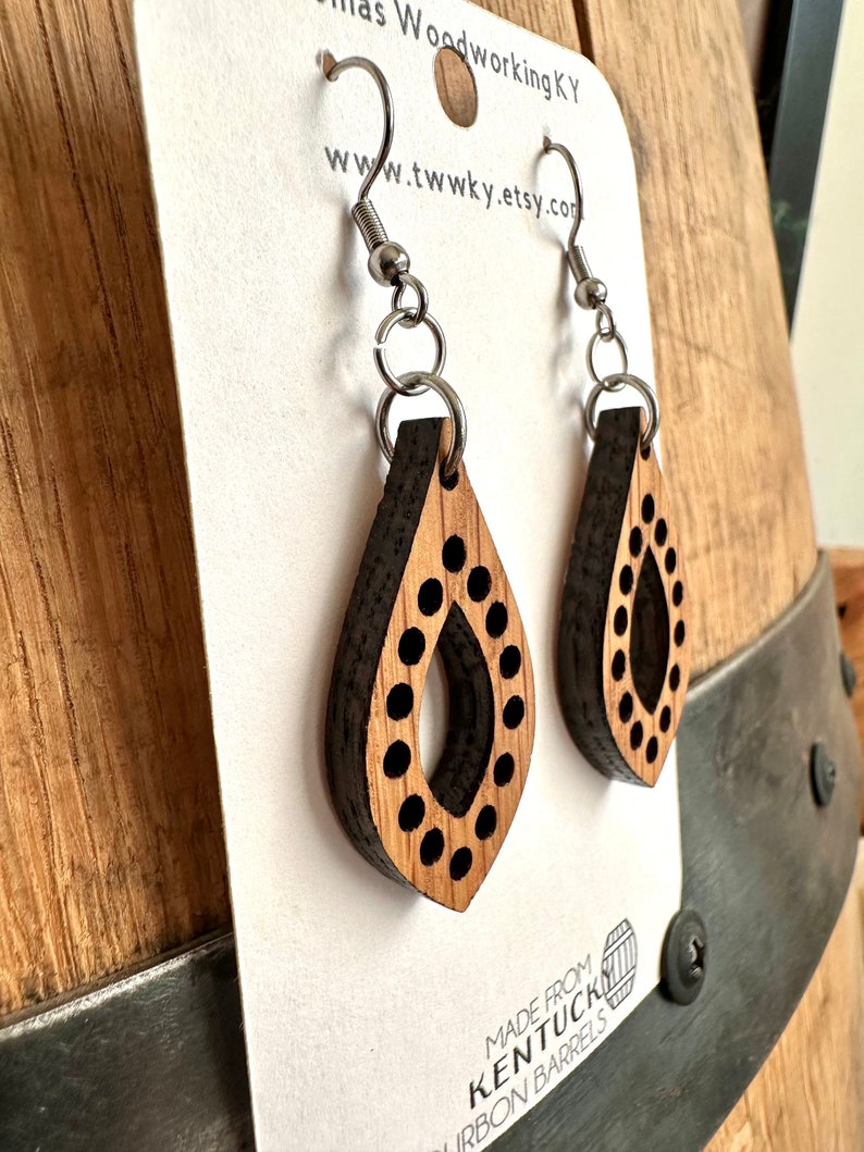 Wood Bourbon Barrel Drop Earrings made from reclaimed Kentucky Bourbon Barrels. Gifts for her. Bourbon Trail gifts. image 10