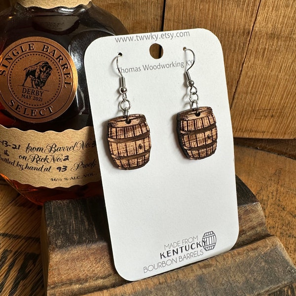 Oak Barrel Dangle Earrings made from reclaimed Kentucky Bourbon Barrels. Lightweight earrings. Kentucky Bourbon Trail gifts.