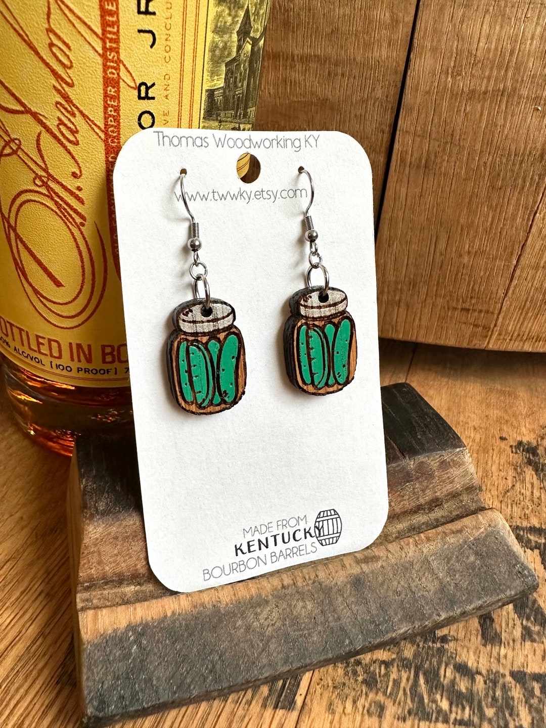 Pickle Jar Dangle Earrings Made From Reclaimed Kentucky Bourbon Barrels