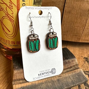 Pickle Jar Dangle Earrings made from reclaimed Kentucky Bourbon Barrels. Pickle jewelry. Pickle gifts. Gifts for her.