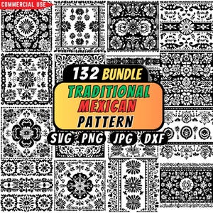 May include: A collection of 132 traditional Mexican patterns in black and white. The patterns include floral and geometric designs, suitable for various creative projects. The image also includes the text "132 BUNDLE TRADITIONAL MEXICAN PATTERN" and file type icons.