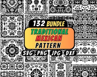 May include: A selection of 132 traditional Mexican patterns in black and white. The designs feature floral and geometric motifs, ideal for diverse creative applications. The image also includes the text "132 BUNDLE TRADITIONAL MEXICAN PATTERN" and file type icons.