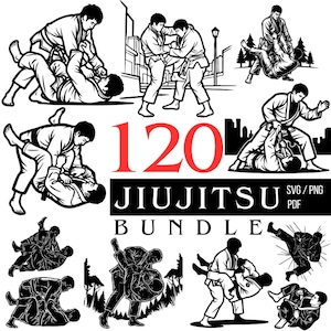 Puede incluir: Gráfico en blanco y negro de un paquete de Jiu-Jitsu con 120 ilustraciones. Las imágenes representan varias técnicas de agarre, incluyendo derribos y control en el suelo. El texto "120 JIUJITSU BUNDLE" se muestra en rojo y negro.