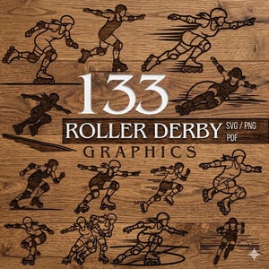 Può includere: Una collezione di 133 grafiche di roller derby in formati SVG, PNG e PDF. Le illustrazioni raffigurano atleti di roller derby in varie pose dinamiche, su uno sfondo con venature del legno.