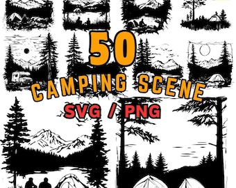 May include: A set of 50 camping scene illustrations in black and white. The illustrations feature various camping scenes, including tents, mountains, trees, and campfires. The text "50 Camping Scene SVG/PNG" is displayed in the center of the image.