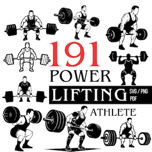 191 Styrkelyft SVG Bundle - Tyngdlyftnings Clipart, Atlet Silhuett, Bodybuilding PNG, Marklyft Knäböj Bänkpress PDF för Laser Cut