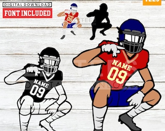 May include: Layered SVG and PNG digital download of a football player in a red and blue uniform with the number 09 on the jersey. The player is kneeling with one hand pointing to the side. The image includes a black and white silhouette of the player and a color version of the player in a blue and white uniform.