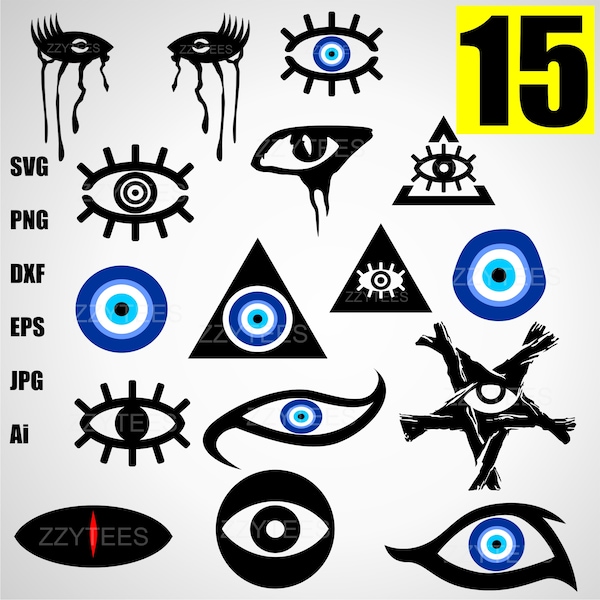 15 Bundle, Turkish Eye, Evil Eye, Silhouette Designs Elements Cut Files and Print Files svg, dxf, eps, png, ai, jpg Digital Download Clipart