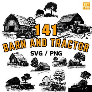 Puede incluir: Ilustración en blanco y negro de un granero y un tractor con el texto "141 Barn and Tractor SVG / PNG". La imagen incluye múltiples variaciones de graneros y tractores, todos en un estilo simple y dibujado a mano.