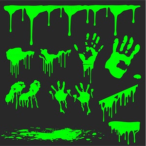 Pode incluir: Um conjunto de gráficos de limo verde, incluindo pingos, impressões de mãos e respingos. Esses gráficos são perfeitos para adicionar um toque assustador aos seus projetos de Halloween.