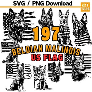 May include: Black and white illustration of a Belgian Malinois dog with the American flag in the background. The text "Belgian Malinois US Flag" is written below the dog.
