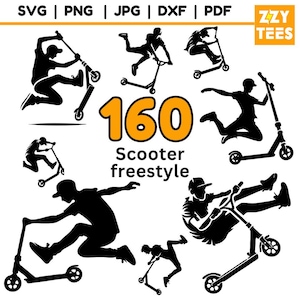May include: A set of 160 black and white silhouette illustrations of people performing scooter freestyle tricks. The text "160 Scooter freestyle" is in orange.